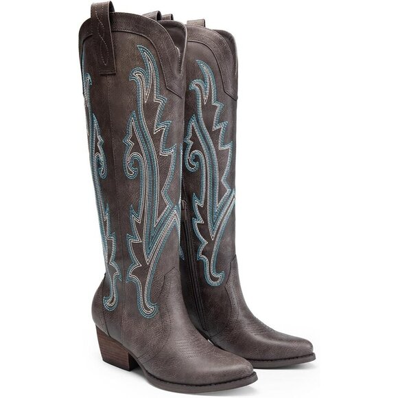 DREAM PAIRS Womens Brown Cowboy Boots Wide Calf Knee High Ladies - Picture 8 of 9